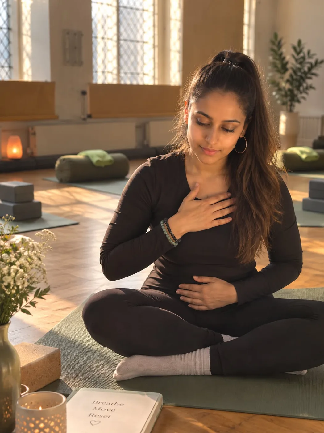 Sanja Joy sitting cross-legged in quiet reflection before a Guidance with Joy workshop, one hand resting on her heart