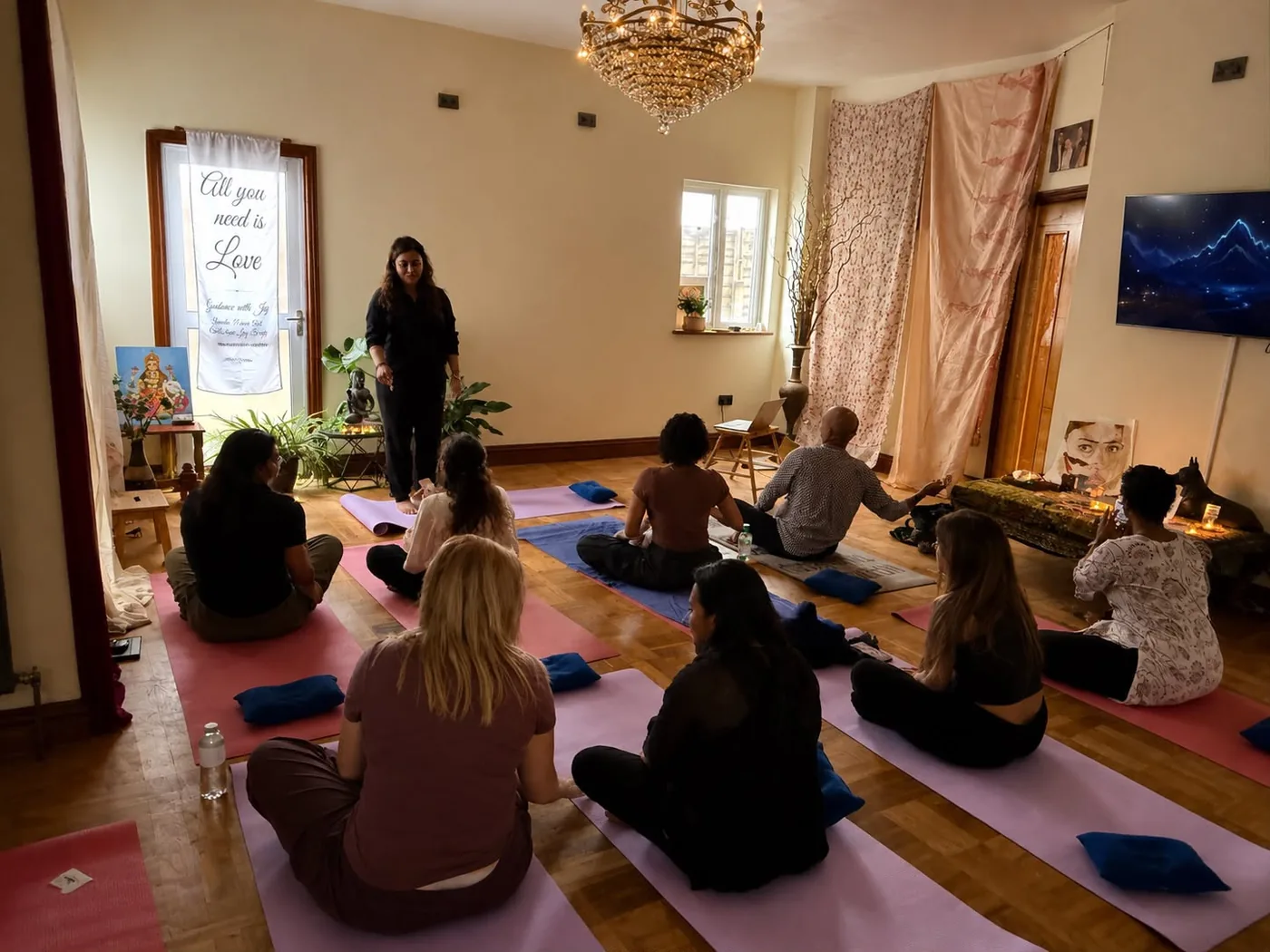 Sanja Joy speaking to the seated group at the start of a Guidance with Joy workshop